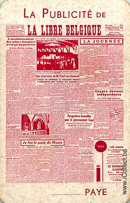 Single Swap Playing Cards Newspaper La Libre Belgique (PS20-10D) - Click Image to Close